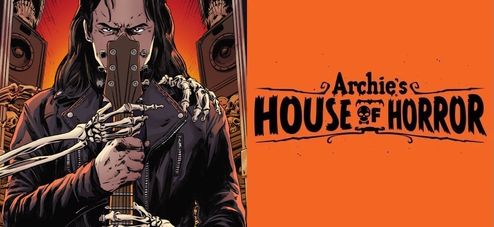 Main cover of The Cult of That Wilkin Boy: Initiation by Dan Schoening and Luis Antonio Delgado. Bingo, along with a skeletal hand, holds a guitar over his face. Black on orange text next to it reads "Archie's House of Horrors"